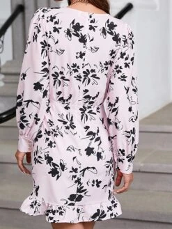 Women's Work Dress Semi Formal Dress Wrap Dress Fashion Mini Dress Lace Up Ruffle Crew Neck Long Sleeve Floral Regular Fit Black Pink Fuchsia Fall S M L XL XXL -Tesla Style hfungb1693300584892