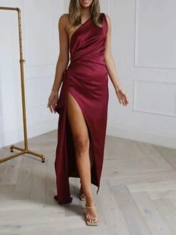 Women's Party Dress Satin Dress Sheath Dress Long Dress Maxi Dress Black Wine Beige Sleeveless Pure Color Backless Spring Summer One Shoulder Modern Slim 2023 S M L XL -Tesla Style hgghei1650019490679