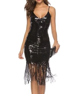 Women‘s Party Dress Fringe Dress Sequin Dress Midi Dress Silver Black Champagne Sleeveless Pure Color Sparkly Glitter Sequins Summer Spring Fall Spaghetti Strap Fashion Vacation Slim 2023 -Tesla Style hgpcce1692770452273