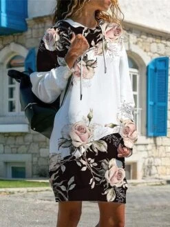 Women's Casual Dress Hoodie Dress Winter Dress Floral Plaid Print Hooded Mini Dress Fashion Streetwear Outdoor Daily Long Sleeve Loose Fit Black Yellow Pink Fall Winter S M L XL XXL -Tesla Style hgpcyv1692958588991