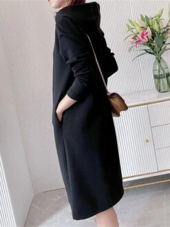 Women's Casual Dress Hoodie Dress Midi Dress Active Daily Outdoor Going Out Weekend Hoodie Pocket Solid Color Loose Fit Black Pink Green M L XL XXL 3XL -Tesla Style hgqfgk1694427875113