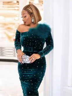 Women‘s Cocktail Party Dress Wedding Guest Dress Velvet Dress Feather Dress Maxi Long Dress Dark Green Long Sleeve Pure Color Fall Spring One Shoulder Elegant Winter Dress 2023 S M L XL XXL XXXL -Tesla Style hgyhvs1639812326681
