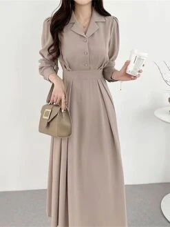 Women's Work Dress Semi Formal Dress A Line Dress Fashion Office Daily Workfashion Midi Dress Ruched Button Shirt Collar Long Sleeve Plain Loose Fit Black Brown Apricot Fall Winter S M L XL -Tesla Style hhxbuy1695805440157