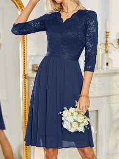 Women's Party Dress Lace Dress Cocktail Dress Long Dress Maxi Dress Black Wine Dark Blue 3/4 Length Sleeve Pure Color Ruched Summer Spring Fall V Neck Fashion Vacation Spring Dress 2023 S M L XL 2XL -Tesla Style hidxjx1682059489841