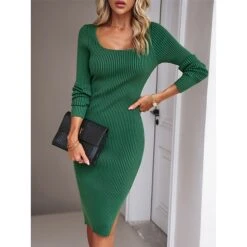 Women's Sweater Dress Winter Dress Jumper Dress Midi Dress Split Daily Date Going Out Active Fashion Crew Neck Long Sleeve 2023 Slim Black Blue Green Color S M L XL Size -Tesla Style hjpuka1692353020529