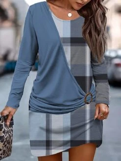 Women's Casual Dress Plaid Dress Sweatshirt Dress Geometric Plaid Patchwork Print Crew Neck Mini Dress Fashion Streetwear Outdoor Daily Long Sleeve Loose Fit Royal Blue Blue Fall Winter S M L XL XXL -Tesla Style hjvrio1695372544339