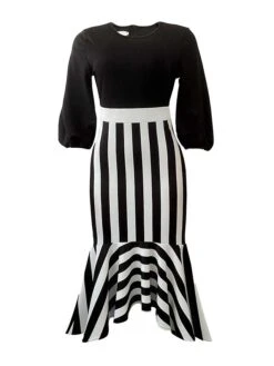 Women's Work Dress Casual Dress Semi Formal Dress Fashion Office Daily Workfashion Midi Dress Asymmetrical Print Crew Neck Long Sleeve Stripe Regular Fit Black Blue Fall Winter S M L XL XXL -Tesla Style hkbxzw1695267345502