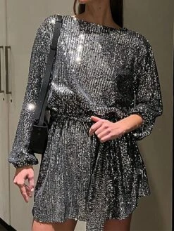 Women's Party Dress Sequin Dress Black Dress Homecoming Cocktail Dress Mini Dress Silver White Long Sleeve Pure Color Sparkly Glitter Lace Up Winter Dress -Tesla Style hknaab1694504479437
