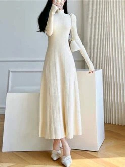 Women's Sweater Dress Jumper Dress Casual Dress Long Dress Maxi Dress Active Pure Color Outdoor Casual Holiday Vacation Turtleneck Long Sleeve 2023 Regular Fit Black Beige M -Tesla Style hkupus1692616010806