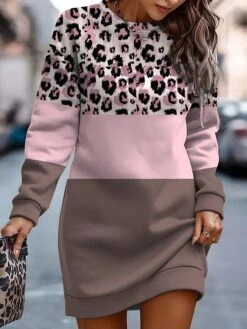 Women's Casual Dress Sweatshirt Dress Mini Dress Warm Fashion Outdoor Holiday Vacation Crew Neck Print Leopard Geometric Print Loose Fit Pink Orange Brown S M L XL XXL -Tesla Style hkyket1692935523923