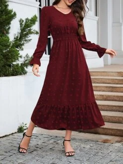 Women's Work Dress Swing Dress Black Dress Fashion Midi Dress Ruched V Neck Long Sleeve Plain Loose Fit Black Red Blue Fall Winter S M L XL XXL -Tesla Style hlaygo1693300602081