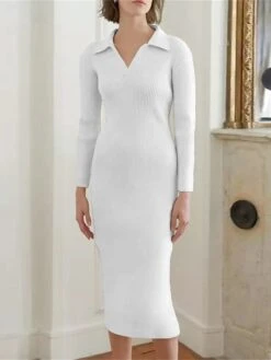 Women's Sweater Dress Winter Dress Jumper Dress Midi Dress Ruched Street Daily Holiday Fashion Streetwear V Neck Long Sleeve 2023 Regular Fit Black White Dark Gray Color S M L Size -Tesla Style hlmcar1692938583825