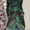 Women's Christmas Work Dress Casual Dress Fashion Winter DressDaily Midi Dress Pocket Print Crew Neck Long Sleeve ElkTree Regular Fit Wine Gold Green Fall Winter S M L XL XXL -Tesla Style hlmtgn1695694795100