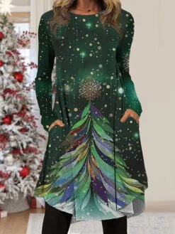 Women's Christmas Work Dress Casual Dress Fashion Winter DressDaily Midi Dress Pocket Print Crew Neck Long Sleeve ElkTree Regular Fit Wine Gold Green Fall Winter S M L XL XXL