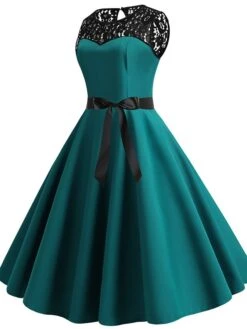 Women's Lace Dress Vintage Dress Swing Dress Black Dress Light Blue Wine Red Black Sleeveless Print Lace Up Summer Spring Fall Crew Neck Vintage -Tesla Style hmgrld1666419789389