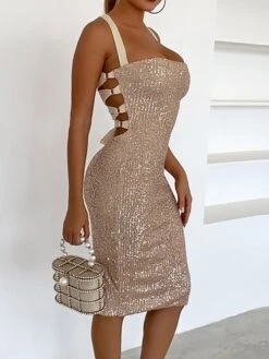 Women‘s Christmas Party Dress Sequin Dress Cocktail Dress Midi Dress White Gold Sleeveless Pure Color Sparkly Glitter Sequins Spring Fall Winter Spaghetti Strap Fashion Wedding Guest Birthday -Tesla Style hmqyvn1693535320978