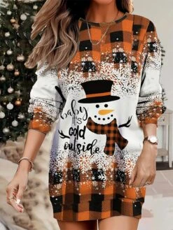 Women's Christmas Casual Dress Sweatshirt Dress Mini Dress Warm Fashion OutdoorVacation Crew Neck Print Geometric Snowman Loose Fit Red Blue Orange S M L XL XXL -Tesla Style hoajyd1695365436109