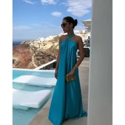 Women's Party Dress Satin Dress Long Dress Maxi Dress Blue Orange Green Sleeveless Pure Color Backless Summer Spring Halter Neck Fashion Loose Fit 2023 S M L XL -Tesla Style hoakap1655950408012