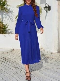 Women's Work Dress Swing Dress Black Dress Fashion Midi Dress Lace Up Ruched Crew Neck Long Sleeve Plain Loose Fit Black Blue Green Fall Winter S M L XL XXL -Tesla Style hoejlv1693300601619