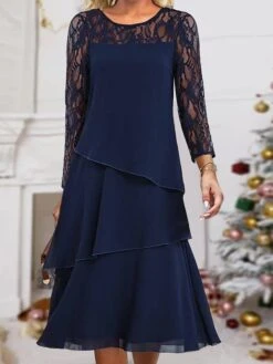 Women's Party Dress Lace Dress Cocktail Dress Midi Dress Wine Navy Blue Long Sleeve Pure Color Lace Spring Fall Winter Crew Neck Fashion Wedding Guest Vacation 2023 S M L XL XXL 3XL -Tesla Style hojucr1696996458101