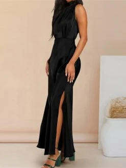 Women's Prom Dress Party Dress Satin Dress Long Dress Maxi Dress Black Light Green Wine Sleeveless Pure Color Split Summer Spring Stand Collar Fashion Evening Party Wedding Guest Vacation Loose Fit -Tesla Style honczf1678413534363