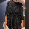 Women‘s Party Dress Wedding Guest Dress Homecoming Dress Sequin Dress Shift Dress Mini Dress Black White Champagne 3/4 Length Sleeve Pure Color Lace Up Fall Spring Autumn Crew Neck -Tesla Style hopape1640057720456