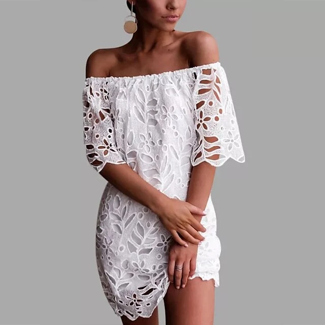 Women‘s Party Dress Wedding Guest Dress Shift Dress White Dress Mini Dress White Half Sleeve Pure Color Lace Fall Spring Autumn Off Shoulder Elegant 2023 S M L XL XXL 6 Women‘s Party Dress Wedding Guest Dress Shift Dress White Dress Mini Dress White Half Sleeve Pure Color Lace Fall Spring Autumn Off Shoulder Elegant 2023 S M L XL XXL - Image 4
