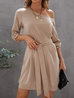 Women's Work Dress Casual Dress White Dress Fashion Daily Workfashion Mini Dress Patchwork Crew Neck Long Sleeve Plain Loose Fit White Khaki Fall Winter S M L XL -Tesla Style hovjxw1695635217121