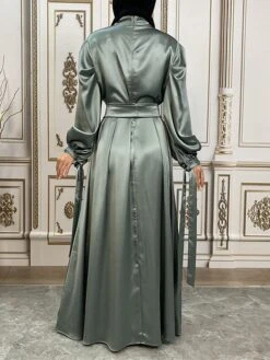 Women's Long Dress Maxi Dress Party Dress Casual Dress Satin Dress Pure Color Fashion Streetwear Outdoor Daily Holiday Lace Up Ruched Long Sleeve Stand Collar Dress Loose Fit Black Royal Blue Purple