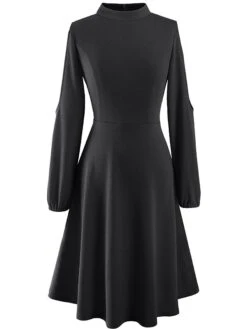 Women's Work Dress Semi Formal Dress A Line Dress Fashion Midi Dress Hollow Out Crew Neck Long Sleeve Plain Regular Fit Black Red Fall Winter S M L XL XXL -Tesla Style hpkvlk1692603041057