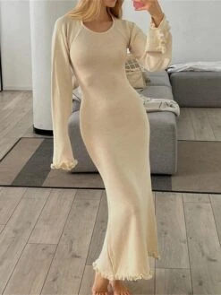 Women's Sweater Dress Jumper Dress Casual Dress Long Dress Maxi Dress Active Pure Color Outdoor Casual Holiday Vacation Crew Neck Long Sleeve Ruffle 2023 Slim White Dark Gray Beige S M L -Tesla Style hpqspj1692090301485