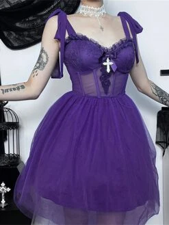 Women‘s Halloween Dress Party Dress Cocktail Dress Wedding Guest Dress Mini Dress Black Purple Sleeveless Pure Color Lace Spring Fall Winter Spaghetti Strap Fashion Birthday Wedding Guest 2023 S M L -Tesla Style hqdumn1693808834557