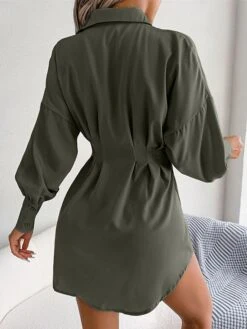 Women's Work Dress White Dress Semi Formal Dress Fashion Office Daily Workfashion Mini Dress Ruched Button Shirt Collar Long Sleeve Plain Loose Fit White Blue Army Green Fall Winter S M L XL -Tesla Style hqfnhl1695026968166