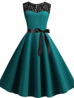 Women's Lace Dress Vintage Dress Swing Dress Black Dress Light Blue Wine Red Black Sleeveless Print Lace Up Summer Spring Fall Crew Neck Vintage -Tesla Style hqmofh1602866797080