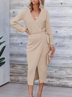 Women's Sweater Dress Jumper Dress Casual Dress Midi Dress Warm Pure Color Outdoor Casual Daily Going Out V Neck Long Sleeve Lace Up 2023 Slim Black White Green S M L XL XXL 3XL -Tesla Style hqncha1695030475867