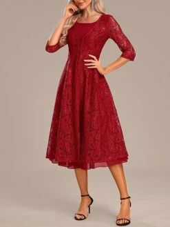 Women's Party Dress Lace Dress Cocktail Dress Midi Dress Red 3/4 Length Sleeve Pure Color Lace Spring Fall Winter Crew Neck Fashion Winter Dress Christmas Wedding Guest 2023 S M L XL XXL 3XL -Tesla Style hqocnp1697613770974