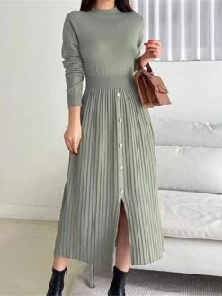 Women's Sweater Dress Winter Dress Jumper Dress Midi Dress Pleated Button Daily Date Going Out Fashion Basic Crew Neck Long Sleeve 2023 Slim Black Brown Green Color S M L XL Size -Tesla Style hqooiw1692687924839