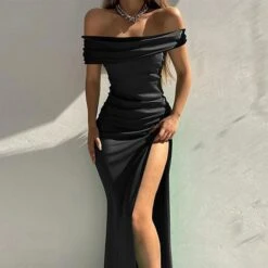 Women‘s Party Dress Black Dress Satin Midi Dress Green Blue Wine Sleeveless Pure Color Split Ruched Spring Summer Off Shoulder Party Party 2023 S M L XL XXL 3XL -Tesla Style hquqrx1654570053280