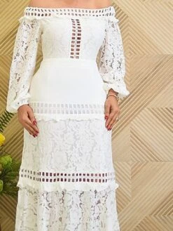 Women's Party Dress Lace Dress Sheath Dress Long Dress Maxi Dress White Long Sleeve Pure Color Hollow Out Winter Fall Spring Off Shoulder Mature Winter Dress Birthday Evening Party 2023 S M L XL XXL -Tesla Style hrnzbp1656561358882
