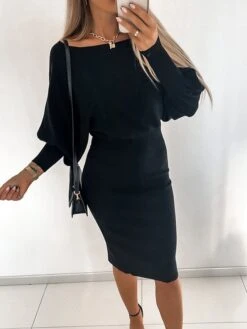 Women's Sweater Dress Winter Dress Jumper Dress Midi Dress Ruched Street Daily Going Out Fashion Streetwear Crew Neck Long Sleeve 2023 Regular Fit Black Khaki Gray Color S M L XL XXL Size -Tesla Style hrodbm1692083474422