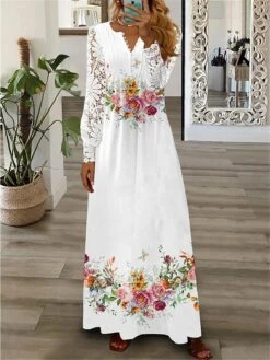 Women's Work Dress Casual Dress Lace Dress Fashion Winter Dress Daily Long Dress Maxi Dress Lace Patchwork V Neck Long Sleeve Floral Heart Regular Fit White Pink Green Fall Winter S M L XL XXL -Tesla Style hrpvnt1694574507398