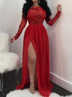 Women's Prom Dress Party Dress Sequin Dress Long Dress Maxi Dress Red Blue Long Sleeve Pure Color Sequins Spring Fall Winter Crew Neck Fashion Party Winter Dress Wedding Guest 2023 S M L XL -Tesla Style hrsyrh1652871042677