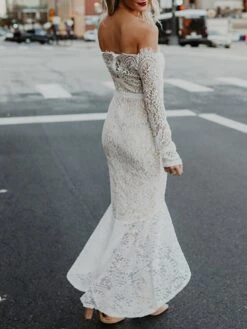 Women‘s Cocktail Party Dress Wedding Guest Dress Lace Dress Midi Dress Black White Wine Long Sleeve Pure Color Lace Winter Fall Autumn Off Shoulder Elegant Winter Dress Fall Dress 2023 S M L XL -Tesla Style hrwtrf1635409558197