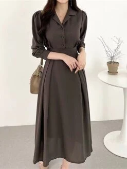 Women's Work Dress Semi Formal Dress A Line Dress Fashion Office Daily Workfashion Midi Dress Ruched Button Shirt Collar Long Sleeve Plain Loose Fit Black Brown Apricot Fall Winter S M L XL -Tesla Style hsagoa1695805443065