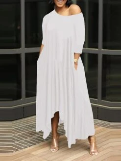 Women's Work Dress Black Dress White Dress Fashion Long Dress Maxi Dress Ruched Pocket One Shoulder 3/4 Length Sleeve Plain Regular Fit Black White Pink Fall S M L XL XXL -Tesla Style hsdfyg1693203369316