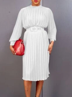 Women's Work Dress Casual Dress Black Dress Fashion Office Daily Workfashion Midi Dress Lace Up Pleated Crew Neck Long Sleeve Plain Regular Fit Black White Red Fall Winter S M L XL XXL -Tesla Style hsfqez1695645192334