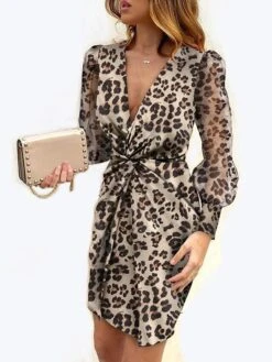 Women's Normal Satin Dress A Line Dress Mini Dress Leopard Safflower On White Yellow Flower On Black Long Sleeve Leopard Ruched Summer Spring V Neck Ethnic Style Winter Dress Fall Dress 2023 S M L XL -Tesla Style hsgjxa1622777074642