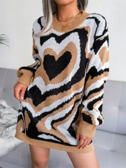 Women's Sweater Dress Jumper Dress Casual Dress Mini Dress Fashion Color Block Heart Outdoor Daily Vacation Going Out Crew Neck Long Sleeve 2023 Loose Fit Black Brown Khaki S M L -Tesla Style hsjxpb1694756605766