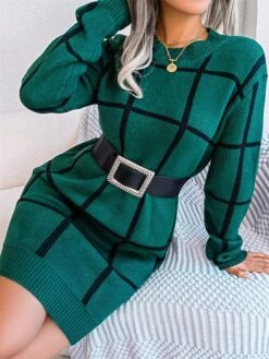 Women's Sweater Dress Winter Dress Jumper Dress Mini Dress Patchwork Daily Date Going Out Active Fashion Crew Neck Long Sleeve 2023 Loose Fit White Green Khaki Color S M L Size -Tesla Style hsmfsm1692863464809