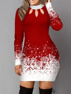 Women‘s Christmas Work Dress Casual Dress Sheath Dress Fashion Winter Dress Daily Mini Dress Cut Out Print Crew Neck Long Sleeve Snowflake Regular Fit Black Red Blue Fall Winter S M L XL XXL